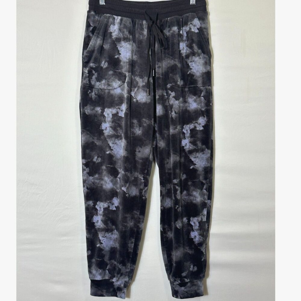 Three Dots Women's Black Gray Marbled Velour Jogger Sweatpants Size M Pockets